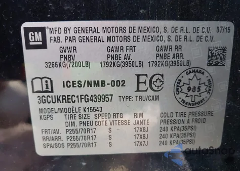 2015 Chevrolet Silverado 1500 1Lt/2Lt from USA, damaged, VIN 3GCUKREC1FG439957